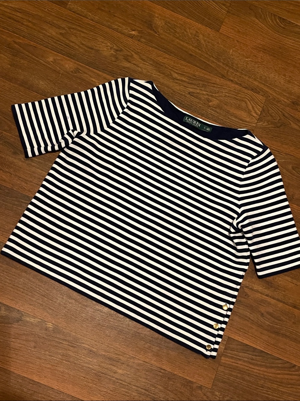 Lauren Ralph Lauren Nautical Stripe Short Sleeve Top Gold Buttons Sz Large